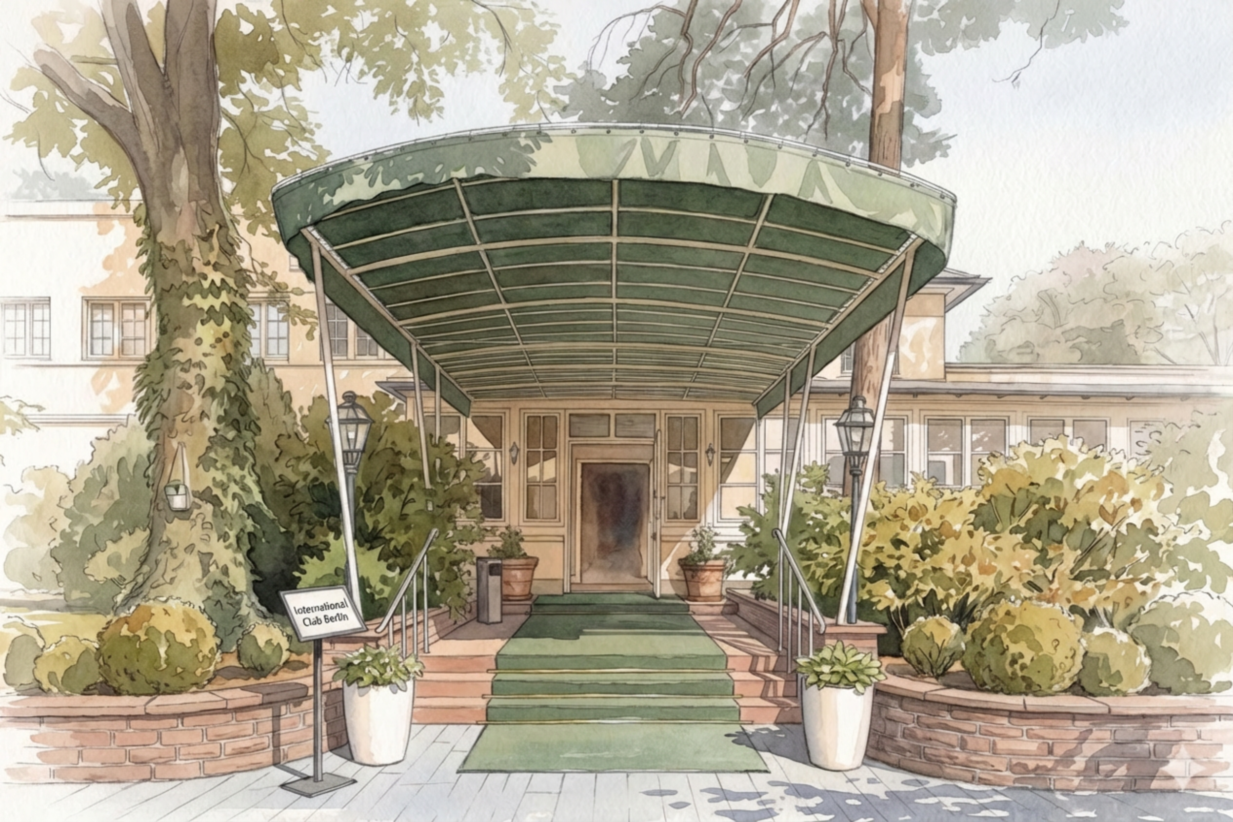 Aquarell des International Club Berlin — Clubhaus und Gärten